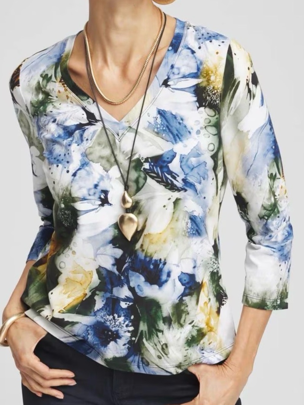 Chico’s Floral 3/4 Sleeve Perfect Tee Size 2 (Large)
